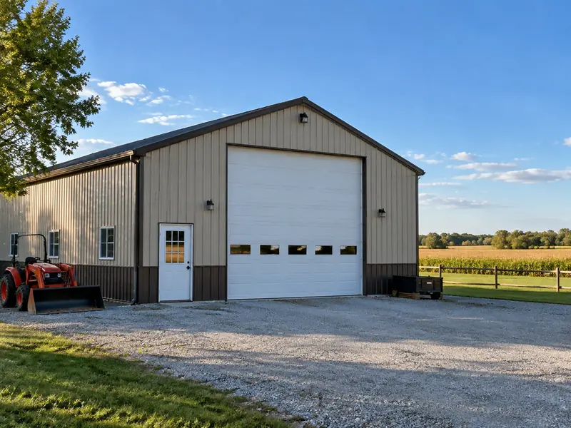 Metal shop building with an oversized garage door on rural acreage