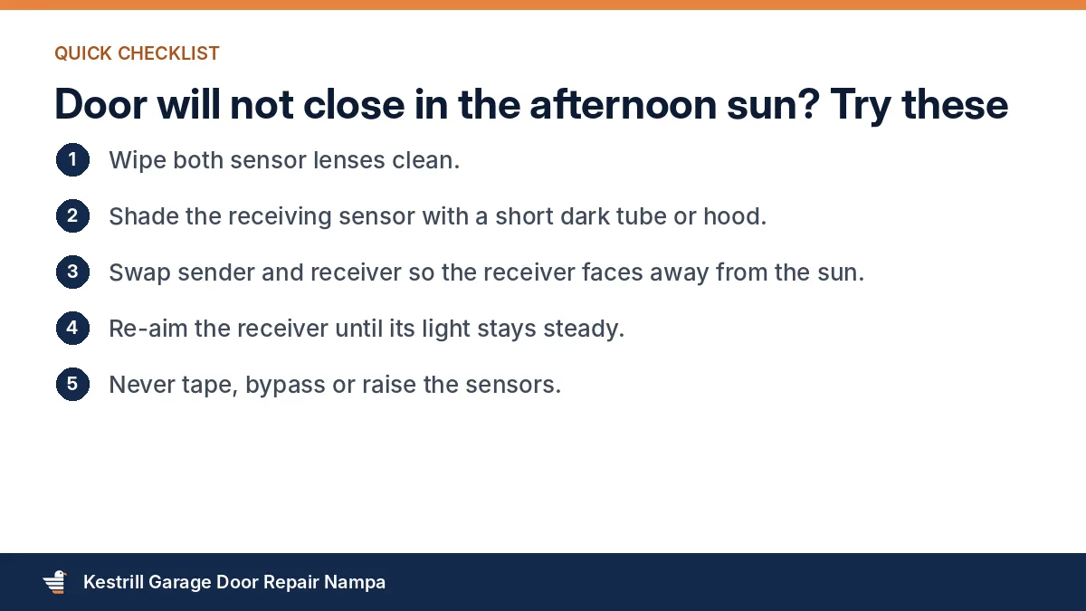 Checklist of fixes when afternoon sun blinds a garage door sensor