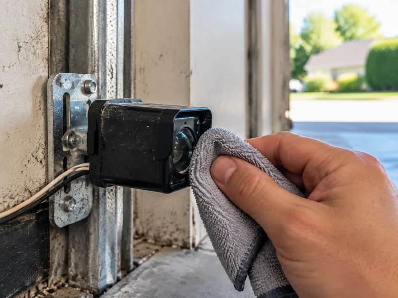 Cleaning the lens of a garage door safety sensor