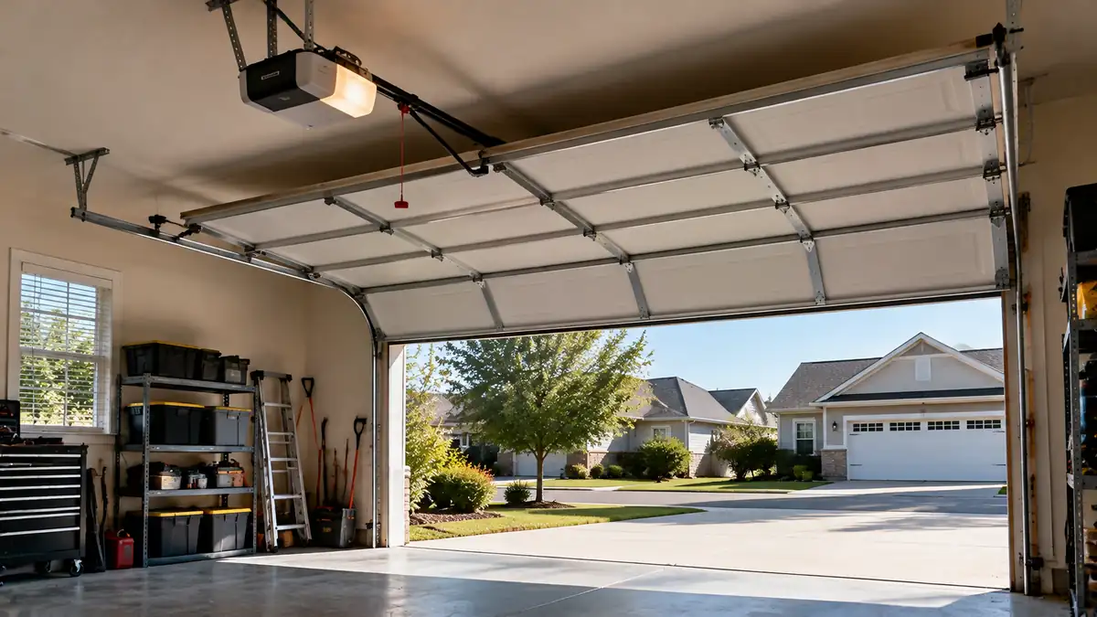 Inside view of a garage door, tracks and opener
