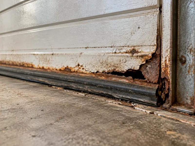Damaged bottom section of a garage door