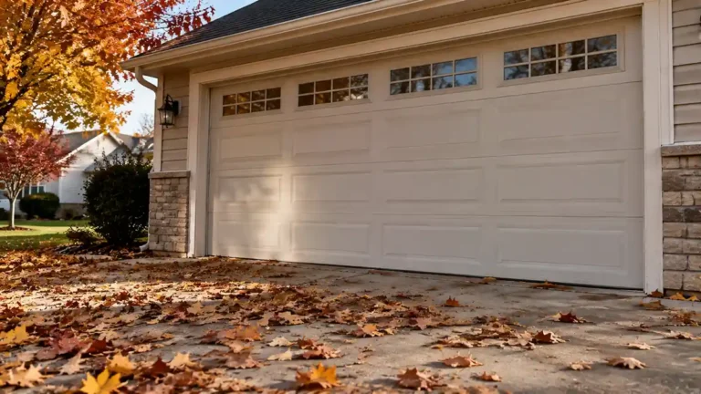Autumn leaves on a driveway in front of a garage door
