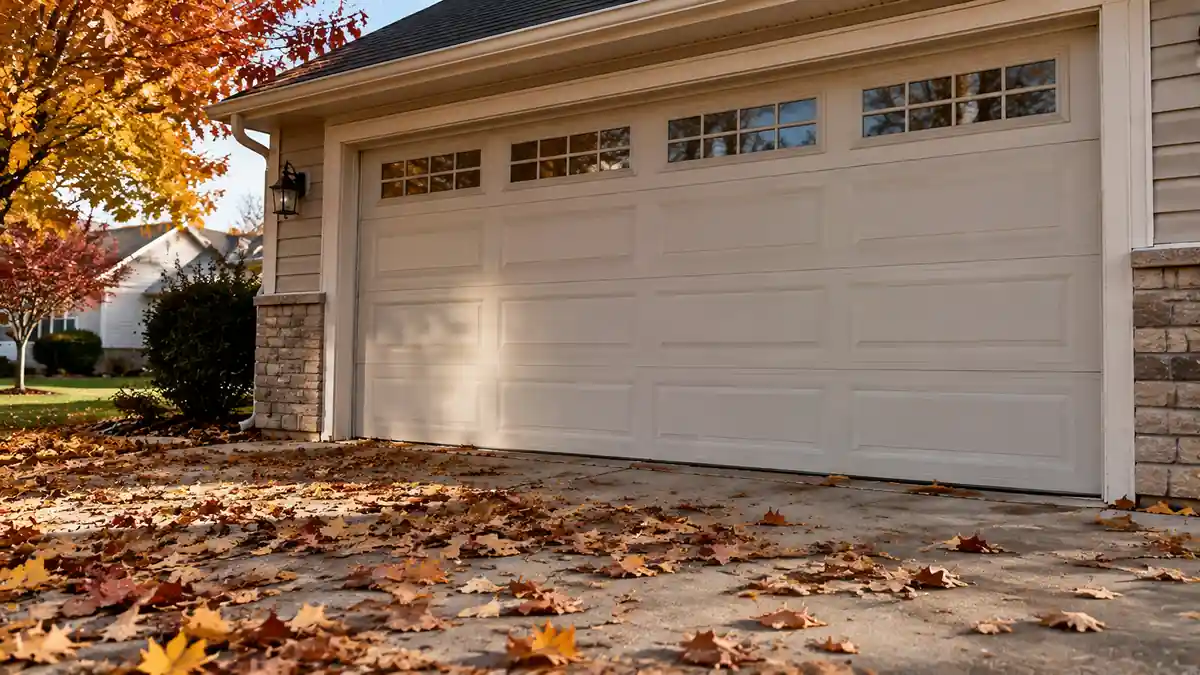 Autumn leaves on a driveway in front of a garage door