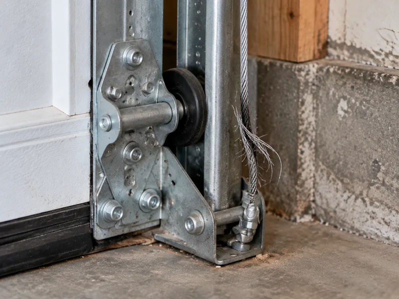Frayed garage door lift cable at the bottom bracket