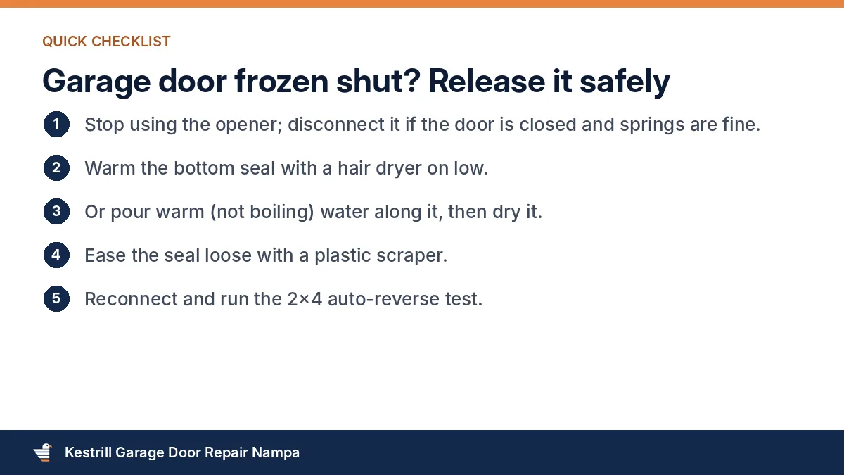 Checklist of safe fixes for a garage door frozen shut