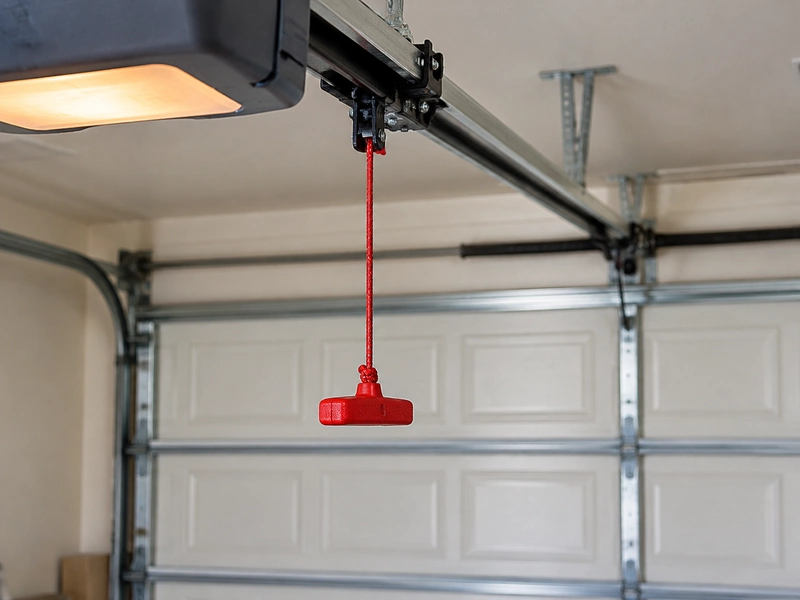 Red release cord on a garage door opener used to open the door in a power outage