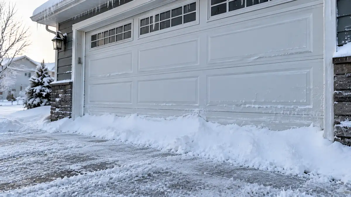 Snow and ice against the bottom of a garage door
