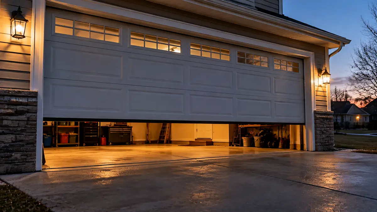 Garage door partly open with no one nearby