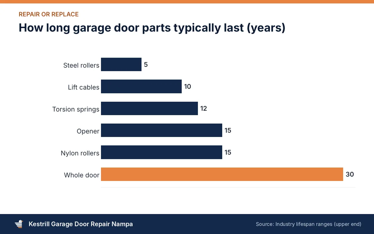 Bar chart of typical garage door part lifespans in years