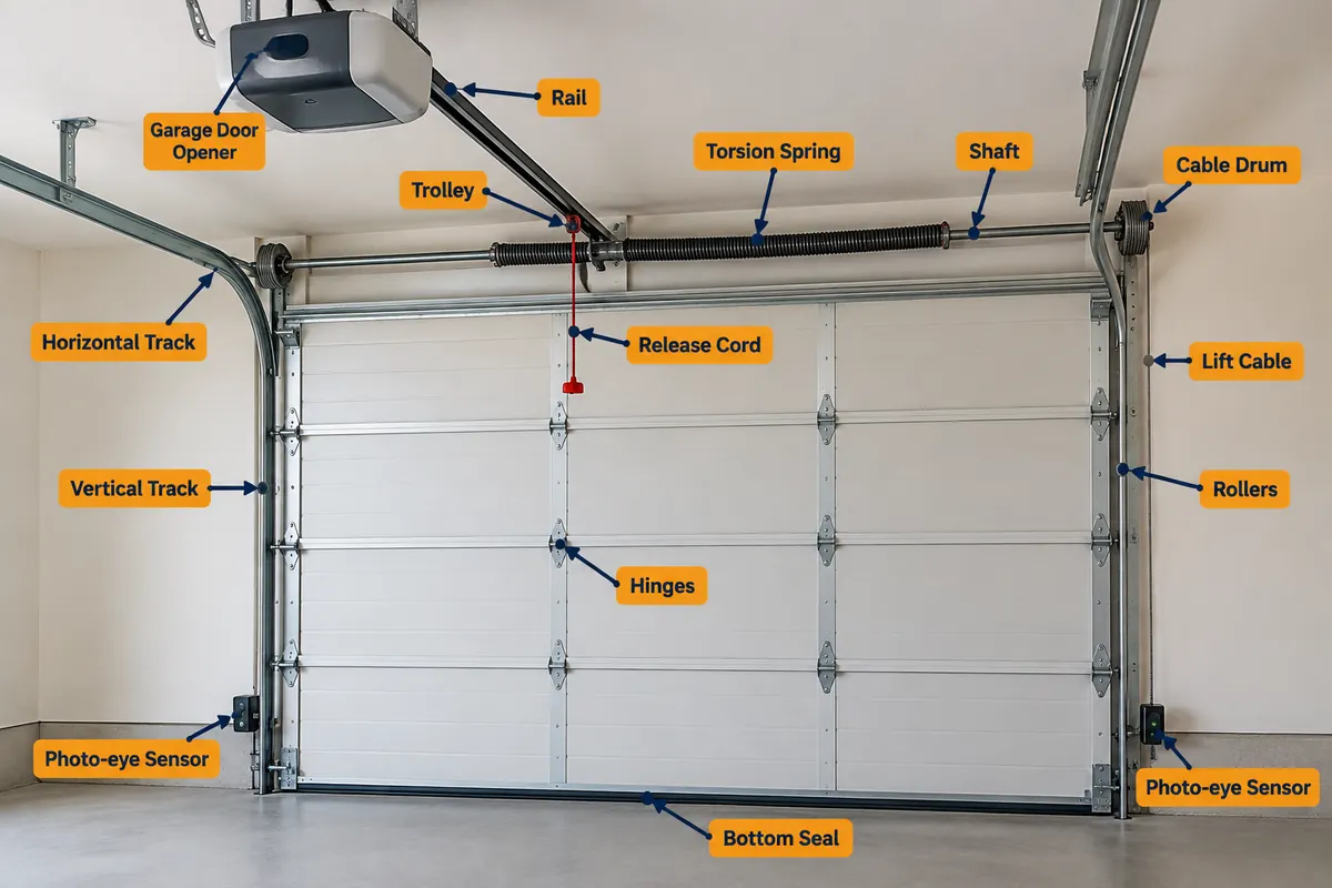 Labeled parts diagram for diagnosing common garage door problems