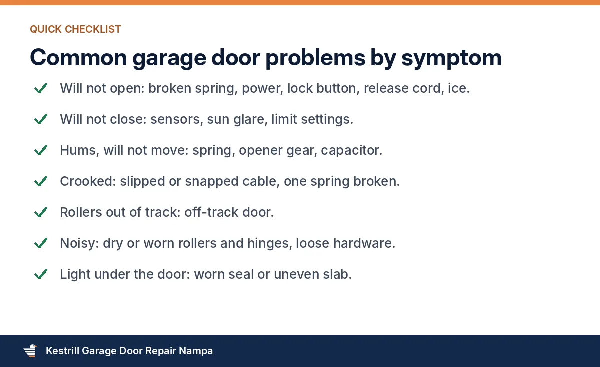 Common garage door problems grouped by symptom