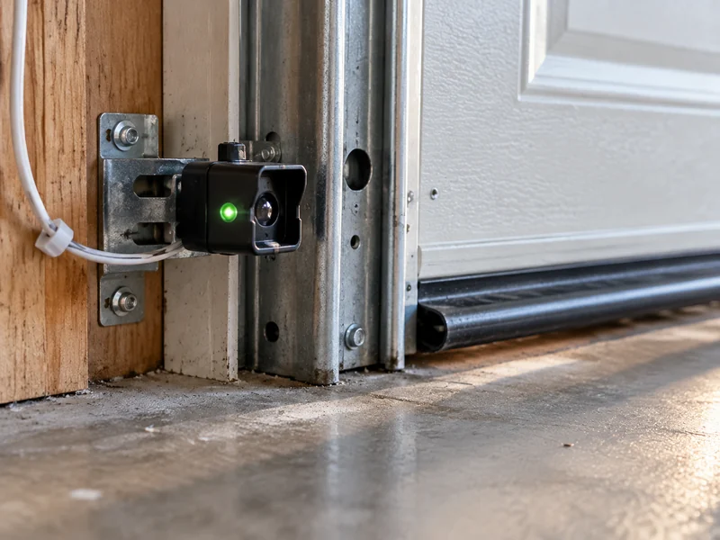 Garage door photo-eye safety sensor mounted near the floor
