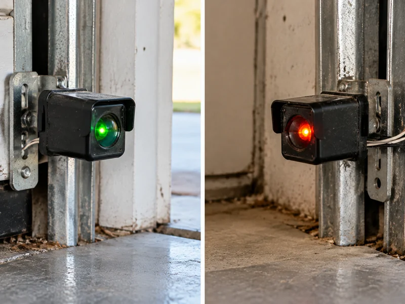 Garage door sensors showing a green light and a red light