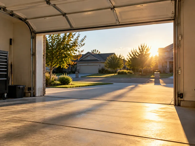 Low afternoon sun shining into an open garage