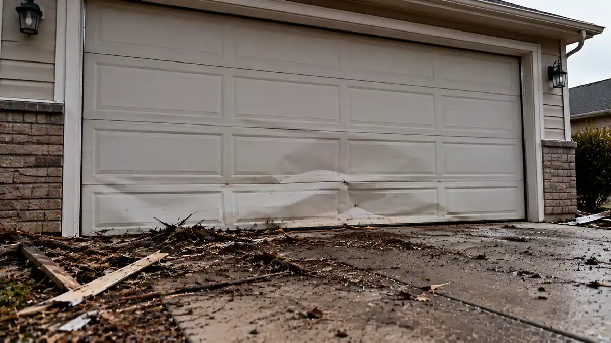 Garage door with damage after a windstorm