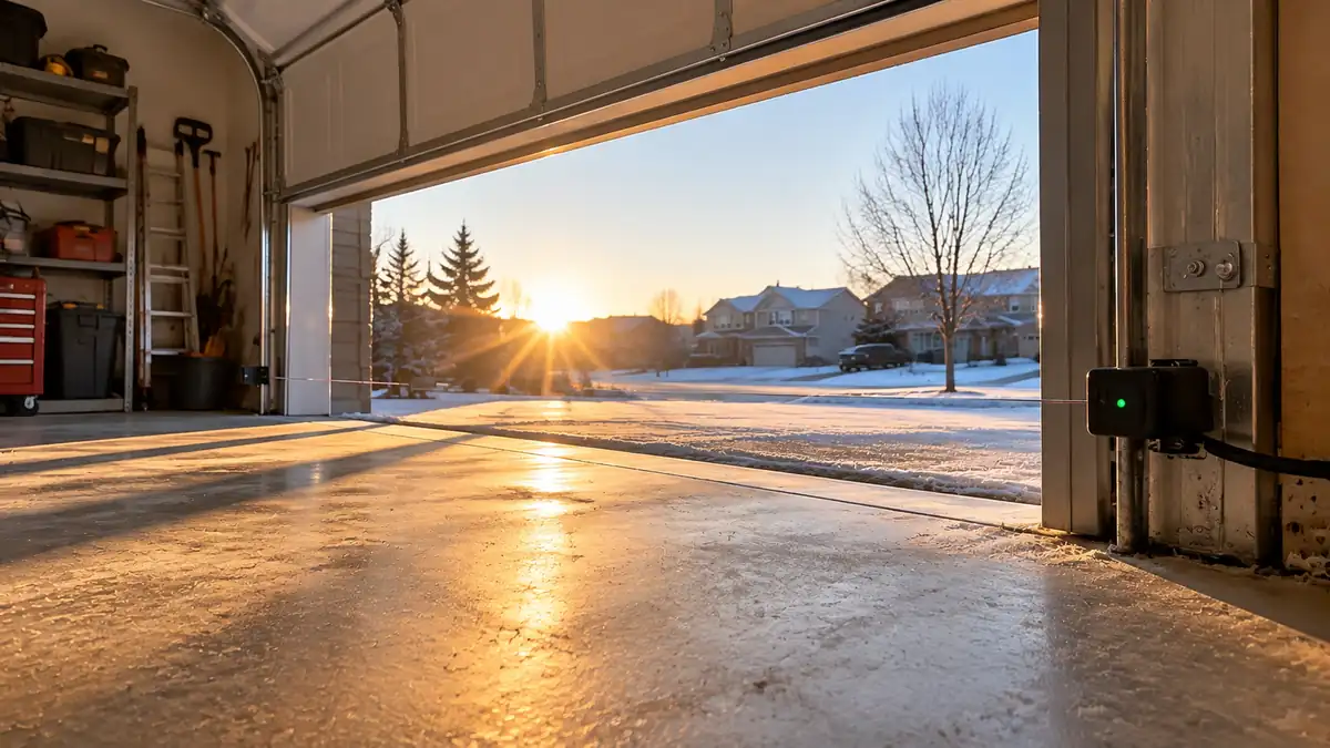 Low sun shining across a garage floor toward the door sensors