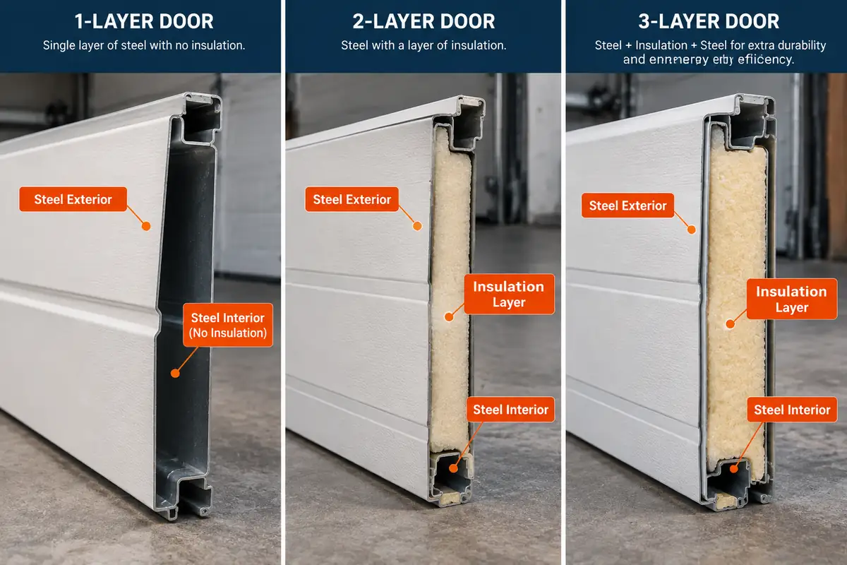 Cross-section of insulated garage door layers