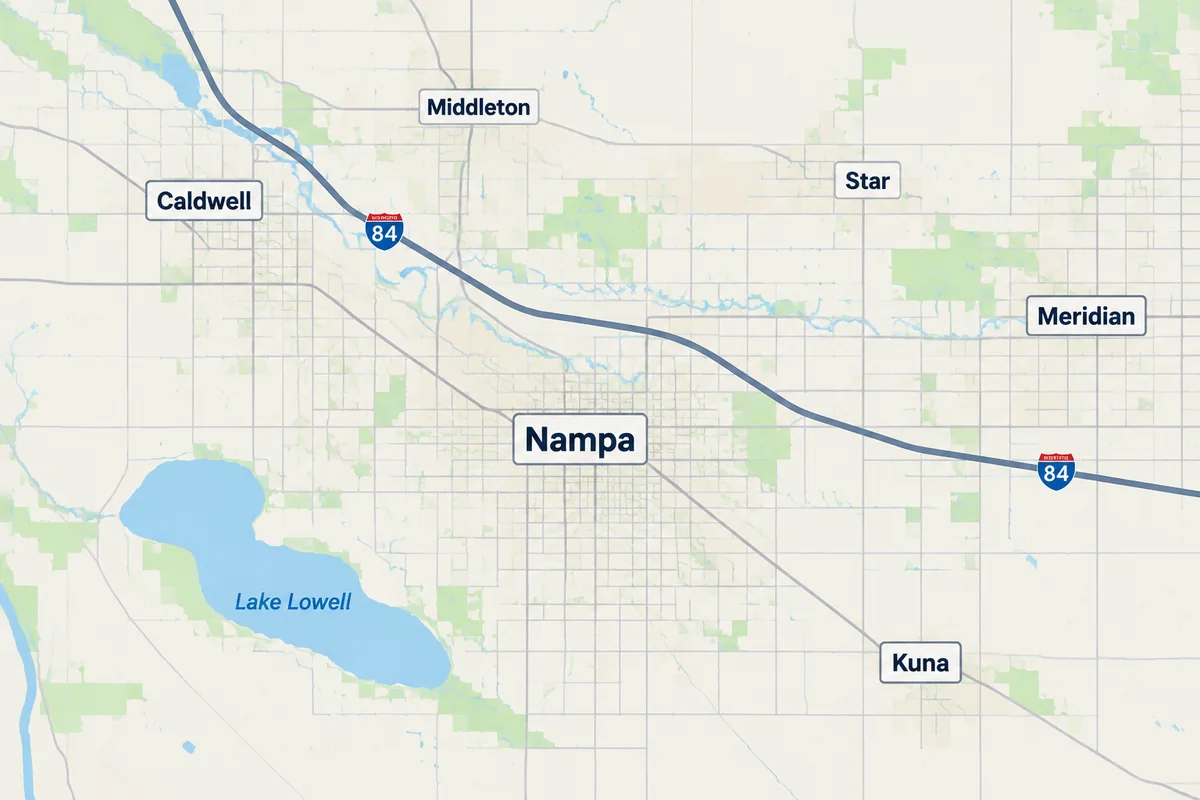 Map of Nampa, Idaho and nearby towns