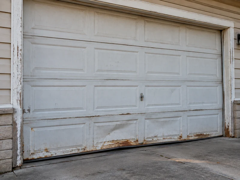 Old faded garage door ready for replacement