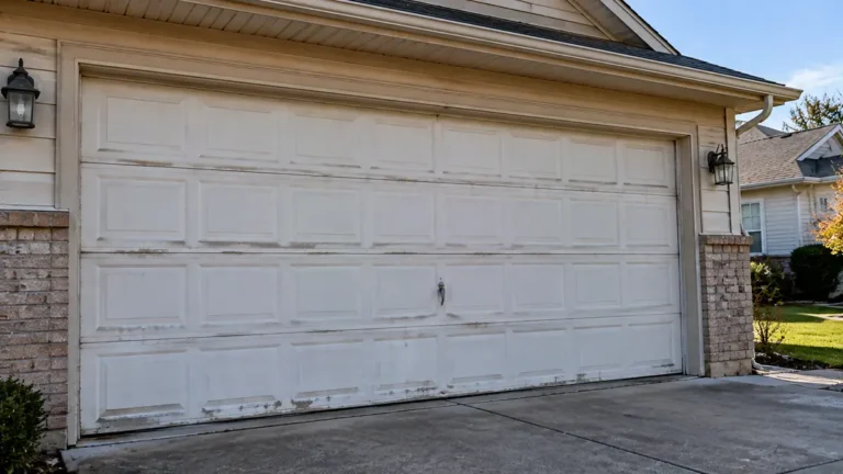 Older steel garage door on a suburban home