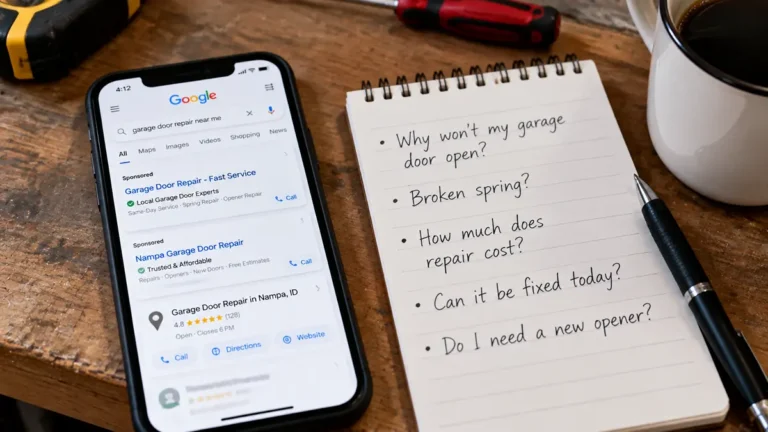Researching a garage door company on a phone