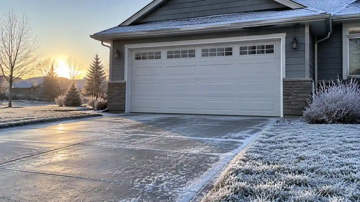 Closed garage door on a frosty winter morning