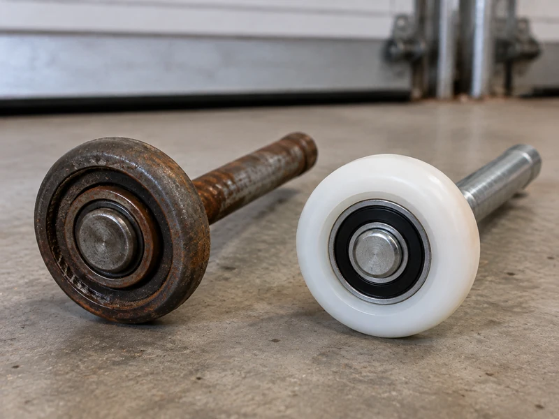 Old steel roller next to a new nylon garage door roller