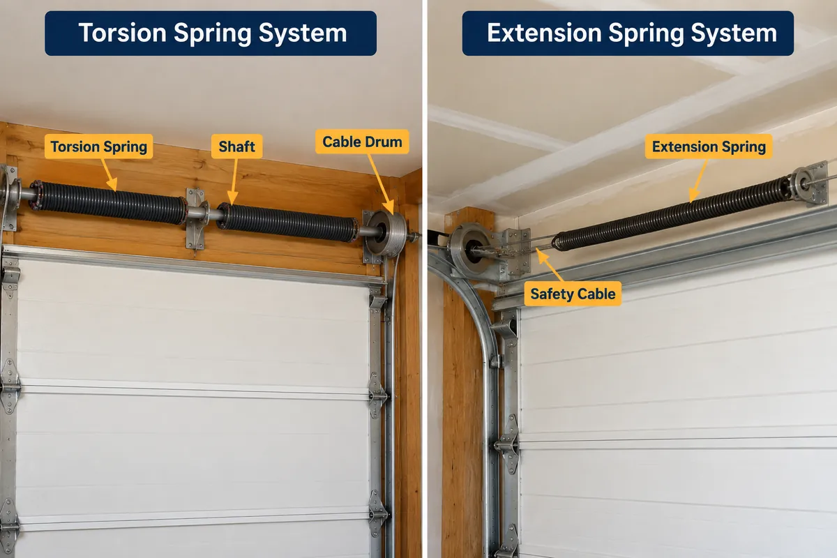 Diagram comparing torsion and extension garage door springs