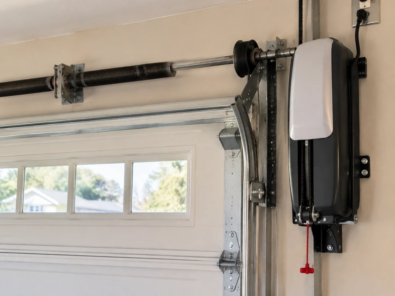 Wall-mounted garage door opener beside the torsion shaft