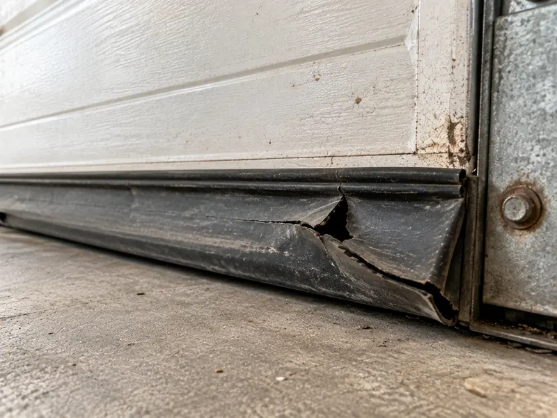 Torn rubber bottom seal on a garage door