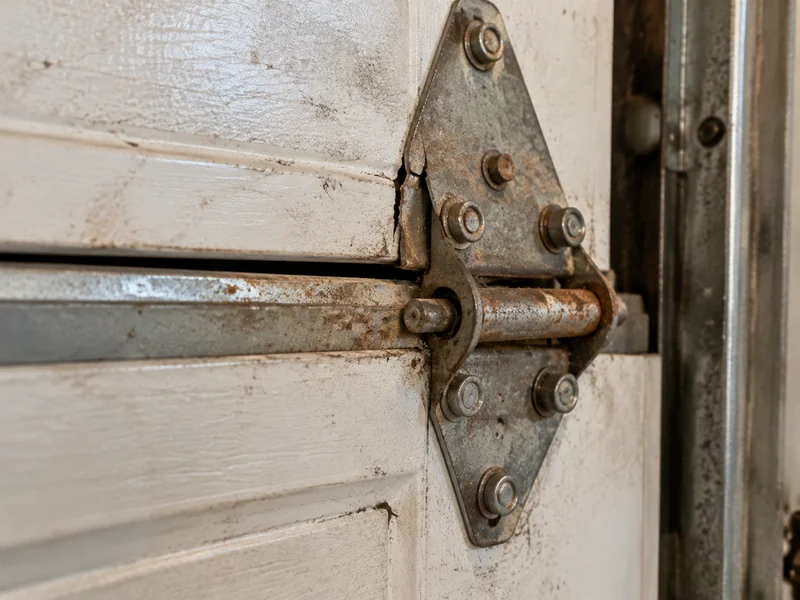 Worn garage door hinge between two sections